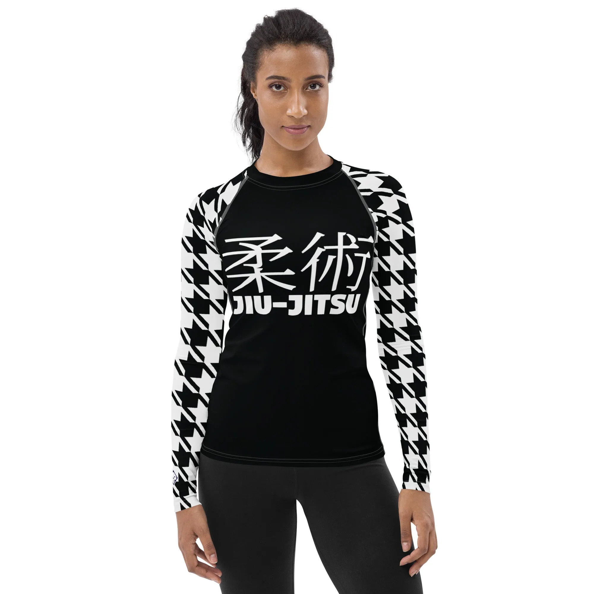 Sleek Sophistication: Women's Jiu-Jitsu Houndstooth BJJ Rash Guard Noir