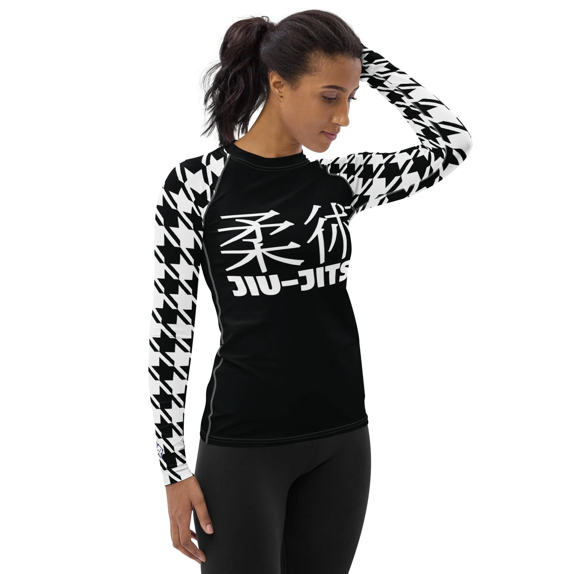 Sleek Sophistication: Women's Jiu-Jitsu Houndstooth BJJ Rash Guard Noir