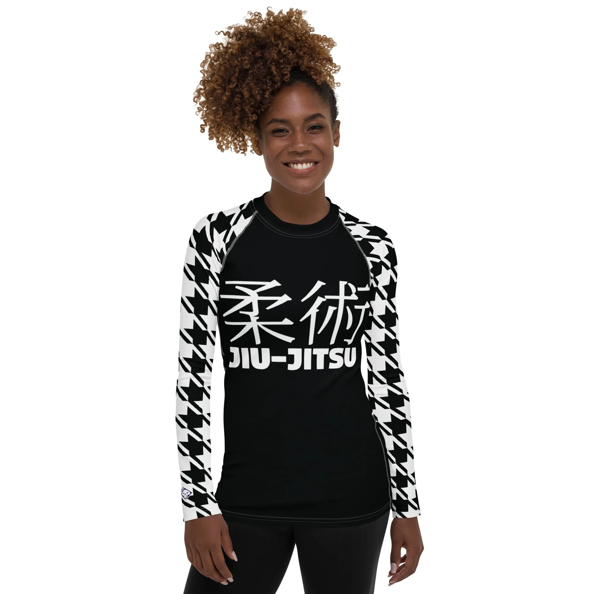 Sleek Sophistication: Women's Jiu-Jitsu Houndstooth BJJ Rash Guard Noir