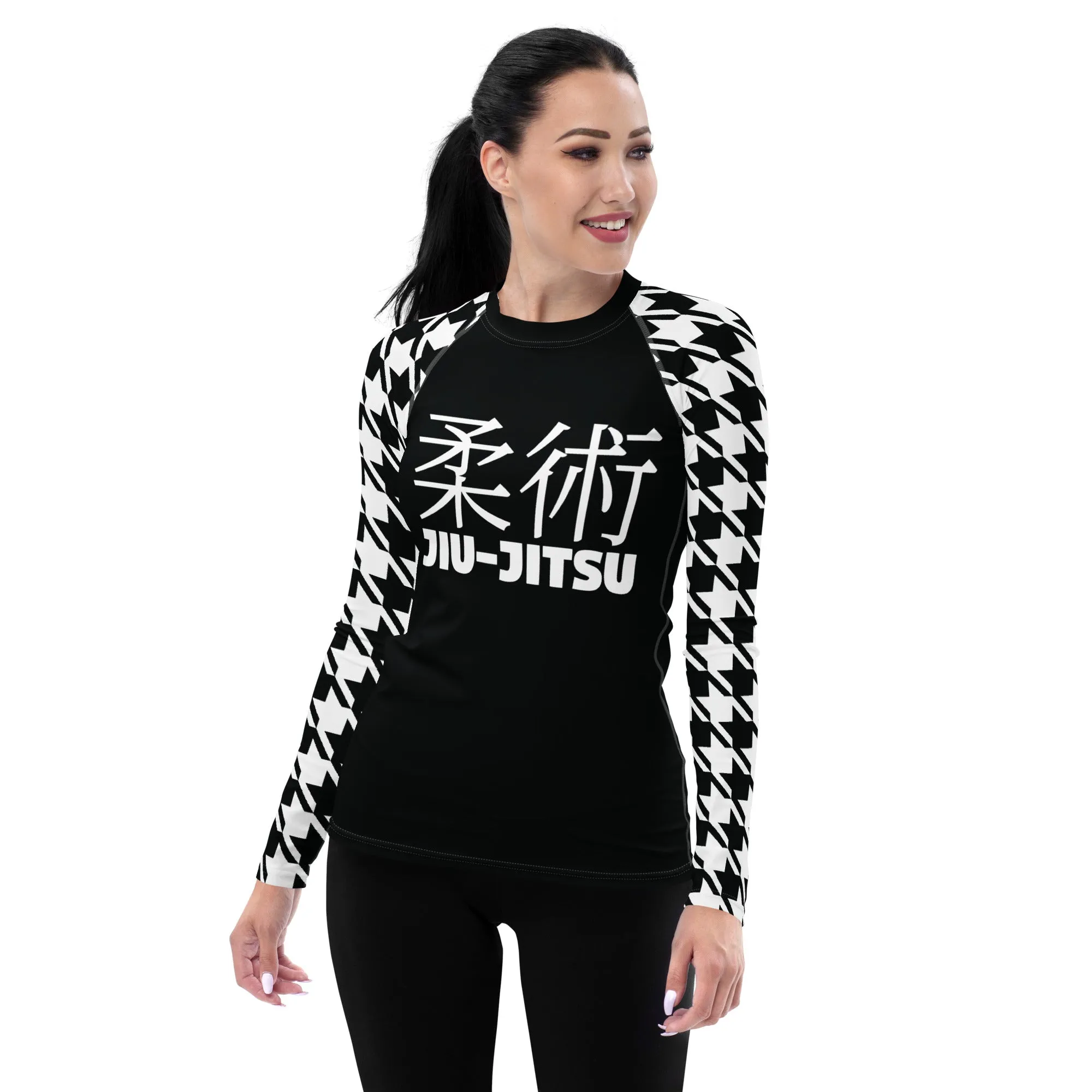 Sleek Sophistication: Women's Jiu-Jitsu Houndstooth BJJ Rash Guard Noir