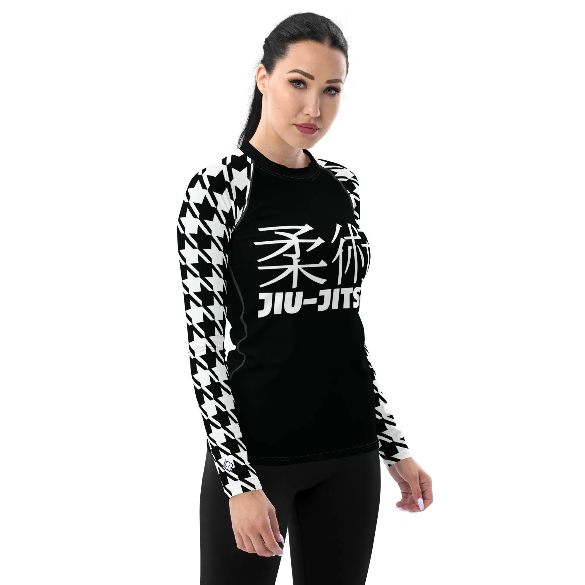 Sleek Sophistication: Women's Jiu-Jitsu Houndstooth BJJ Rash Guard Noir