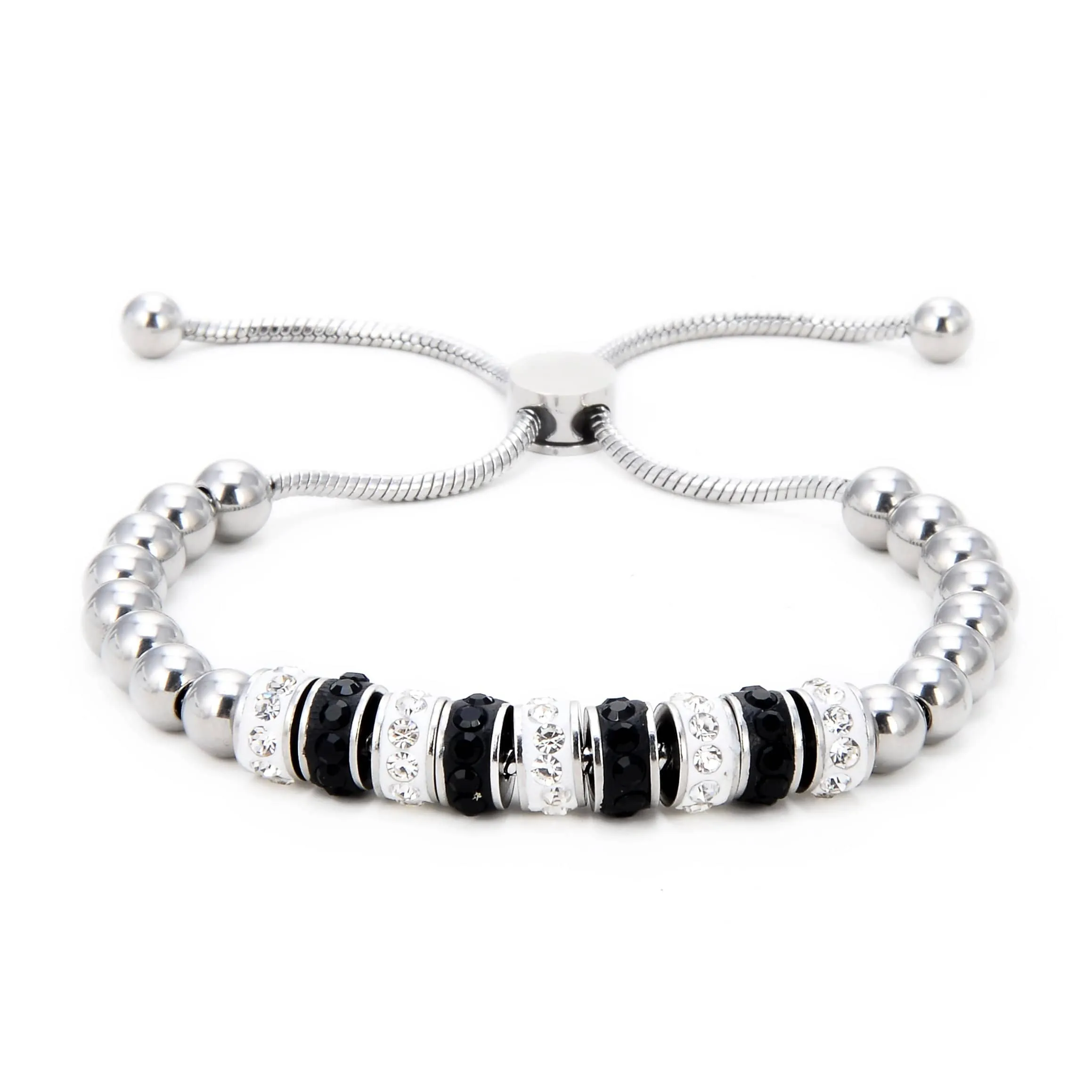 Steel Hearts Black and White Bead Bolo Bracelet