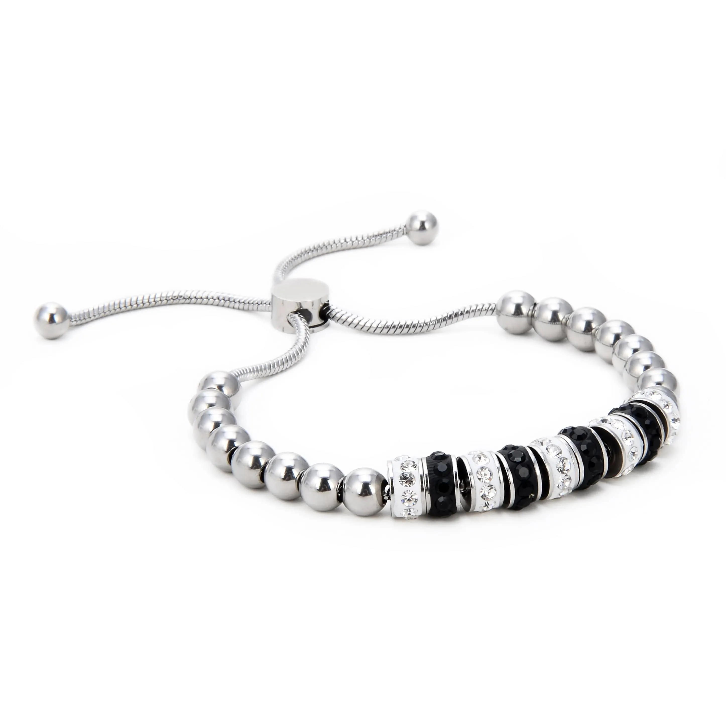 Steel Hearts Black and White Bead Bolo Bracelet