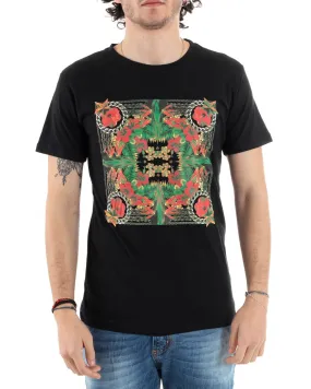 T-Shirt Uomo Mezza Manica Stampa Floreale Nero Girocollo Slim GIOSAL-TS2816A