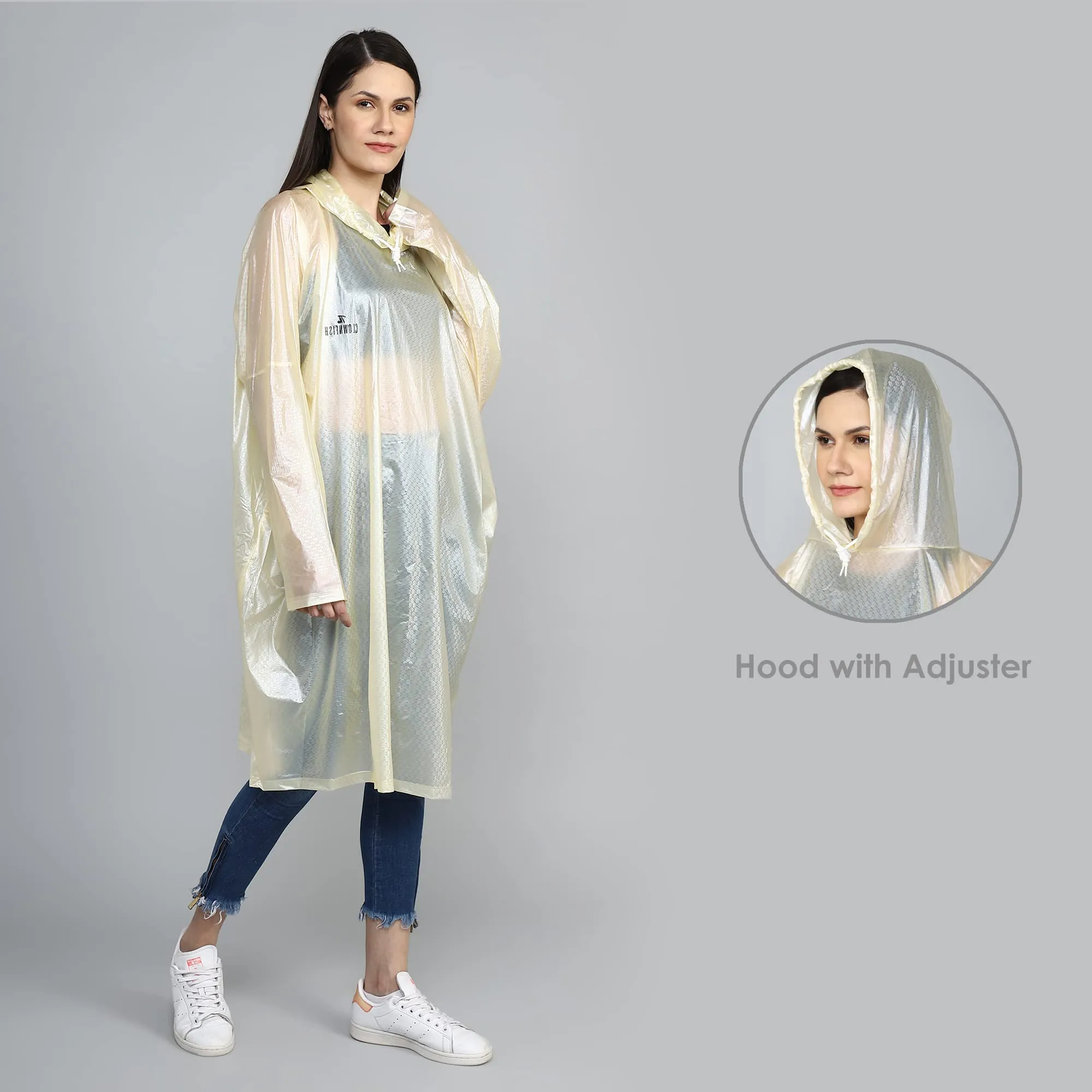 THE CLOWNFISH Avalon Series Womens Waterproof PVC Transparent Self Design Pullover Longcoat/Raincoat with Adjustable Hood (Lemon Yellow, X-Large)