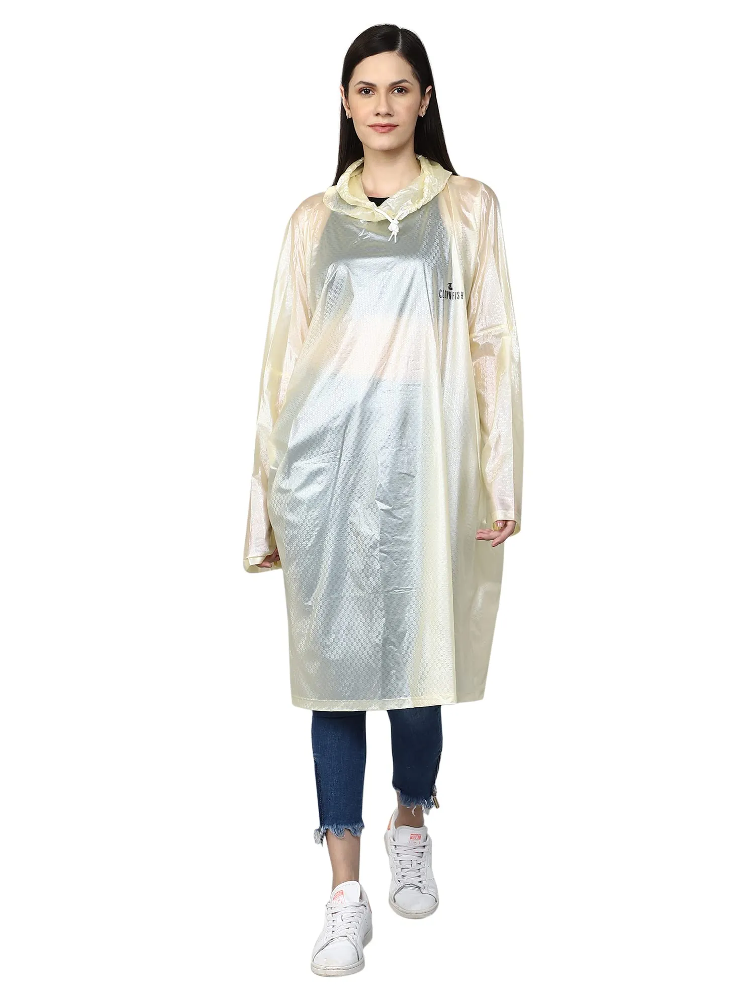 THE CLOWNFISH Avalon Series Womens Waterproof PVC Transparent Self Design Pullover Longcoat/Raincoat with Adjustable Hood (Lemon Yellow, X-Large)