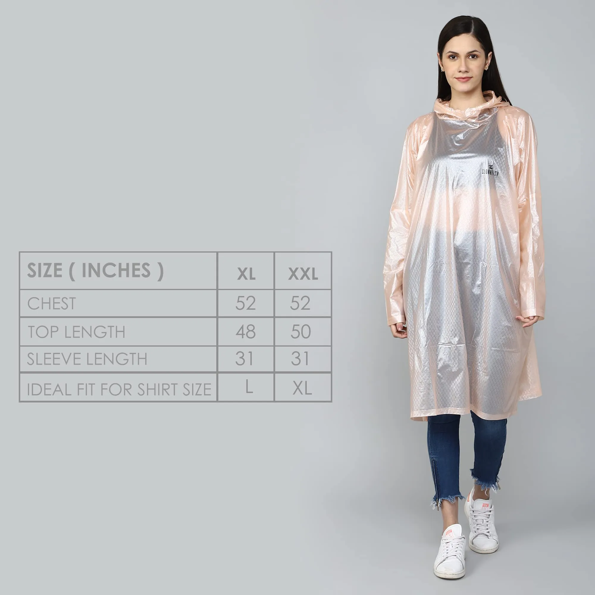 THE CLOWNFISH Avalon Series Womens Waterproof PVC Transparent Self Design Pullover Longcoat/Raincoat with Adjustable Hood (Peach, X-Large)