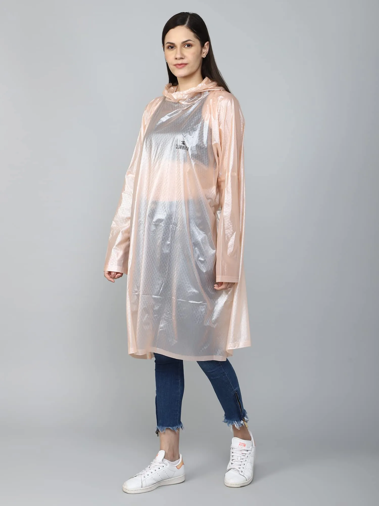 THE CLOWNFISH Avalon Series Womens Waterproof PVC Transparent Self Design Pullover Longcoat/Raincoat with Adjustable Hood (Peach, X-Large)