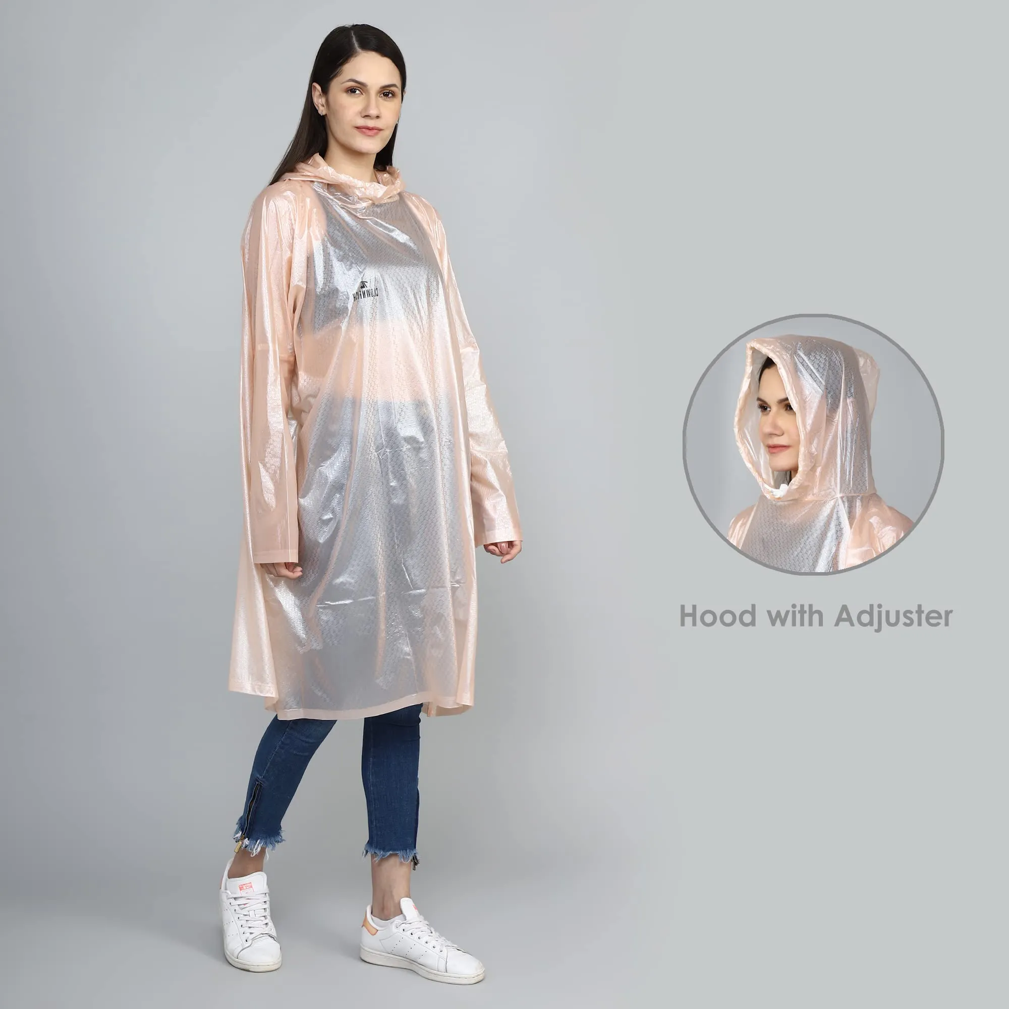 THE CLOWNFISH Avalon Series Womens Waterproof PVC Transparent Self Design Pullover Longcoat/Raincoat with Adjustable Hood (Peach, X-Large)