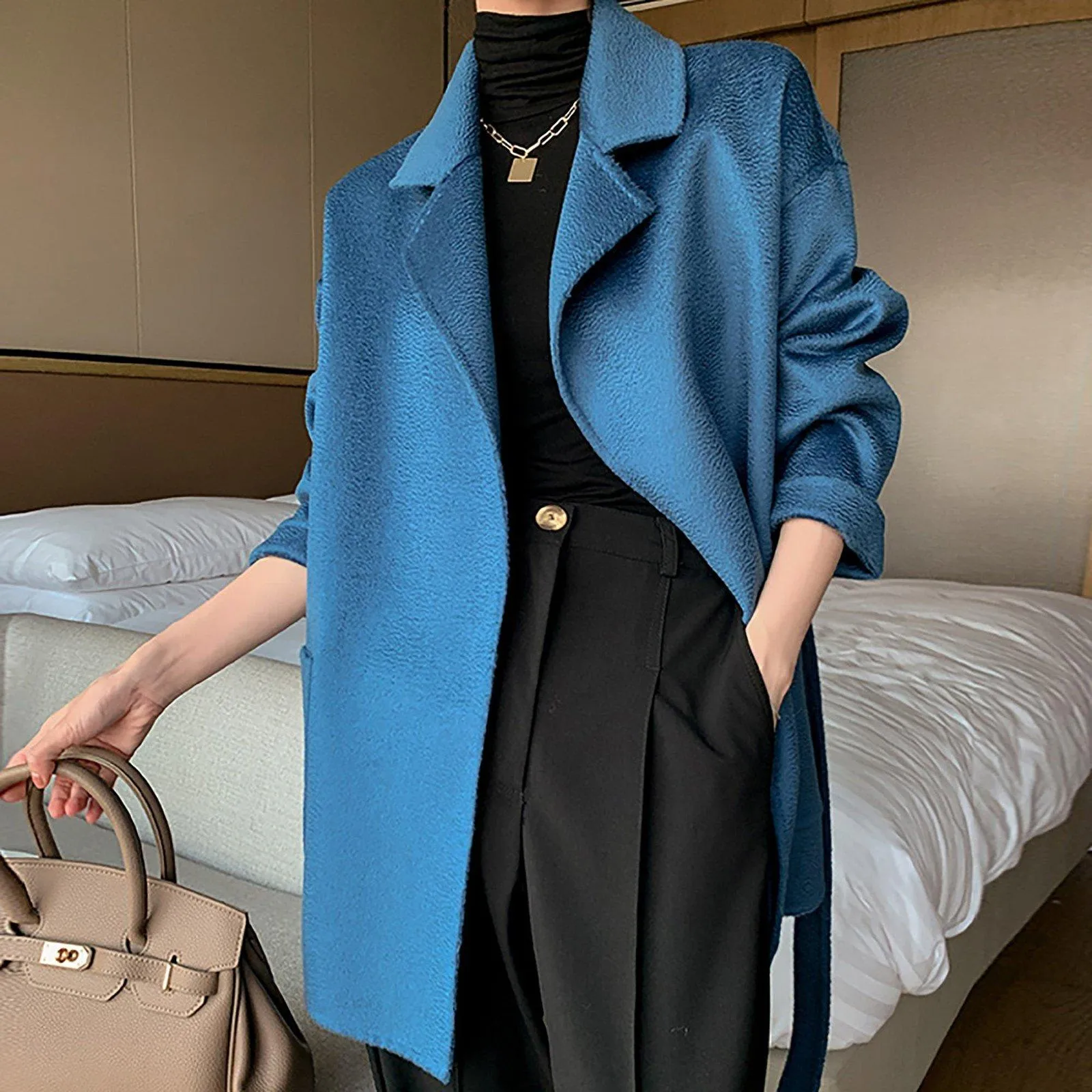 Thigh Length Wrap Wool Coat