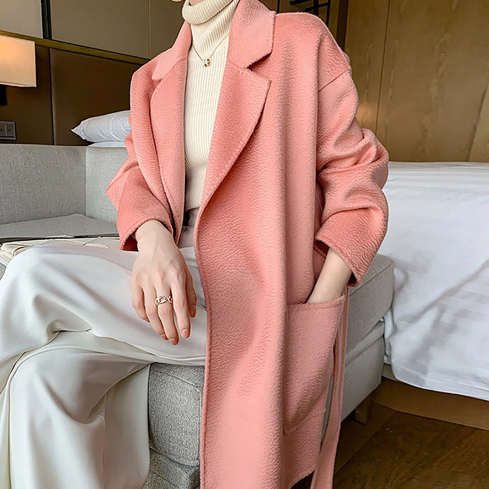 Thigh Length Wrap Wool Coat