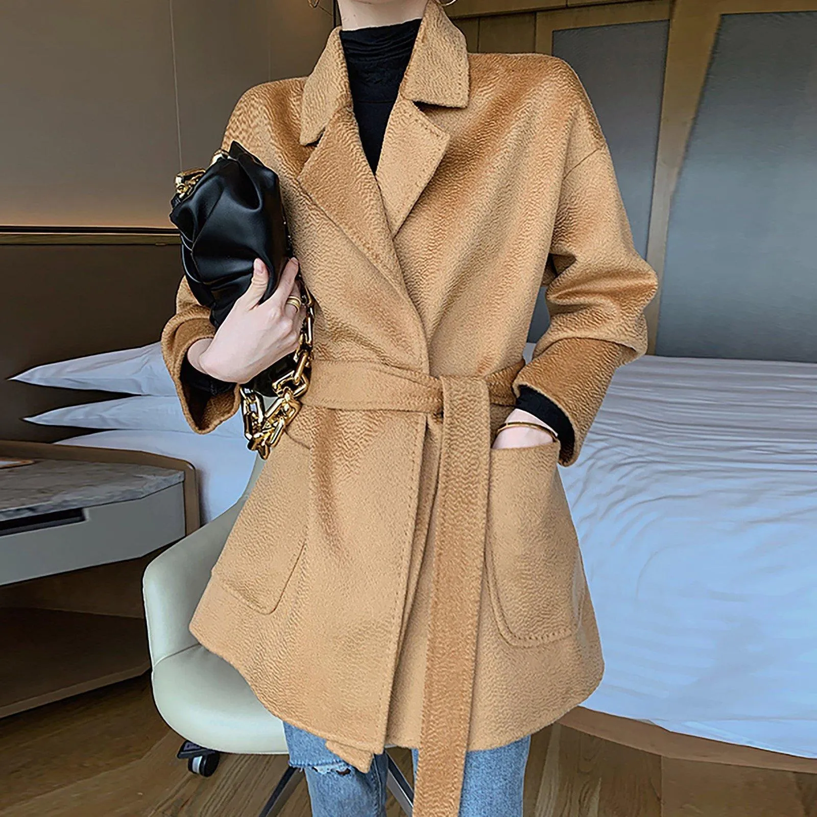 Thigh Length Wrap Wool Coat