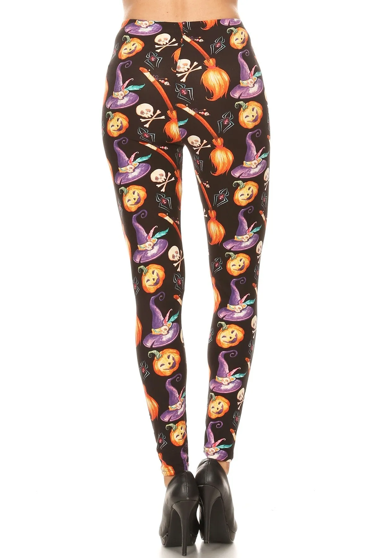 Women's 3X 5X Halloween Witch Hat Broom Pattern Printed Leggings