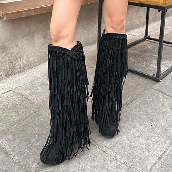 Women's Casual Ethnic Style Thick Heel High Tassel Boots 66647880S