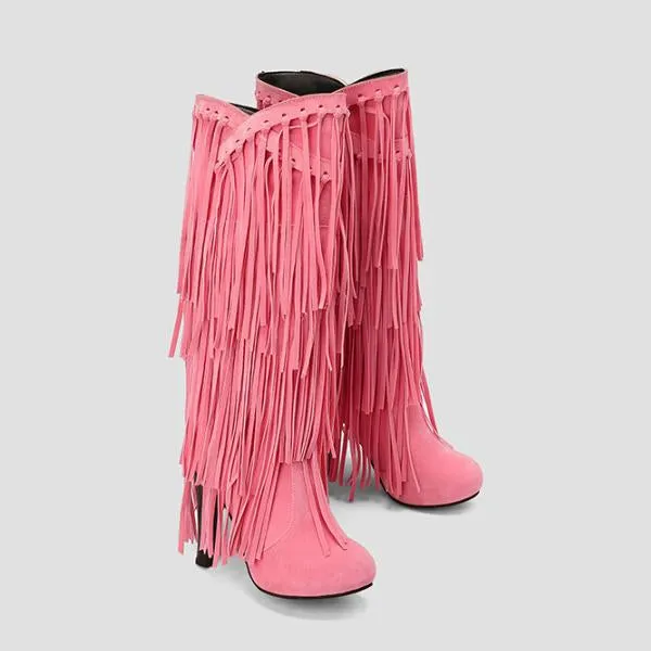 Women's Casual Ethnic Style Thick Heel High Tassel Boots 66647880S