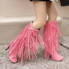 Women's Casual Ethnic Style Thick Heel High Tassel Boots 66647880S