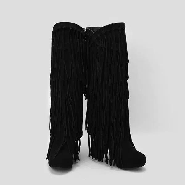 Women's Casual Ethnic Style Thick Heel High Tassel Boots 66647880S