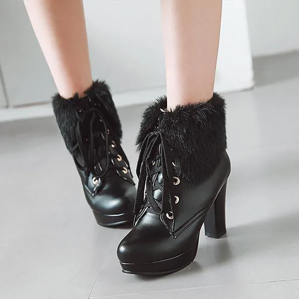 Women's Casual Furry Lace-Up Chunky Heel Short Boots 30607043S