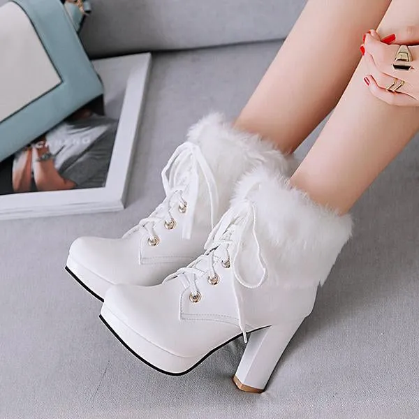 Women's Casual Furry Lace-Up Chunky Heel Short Boots 30607043S