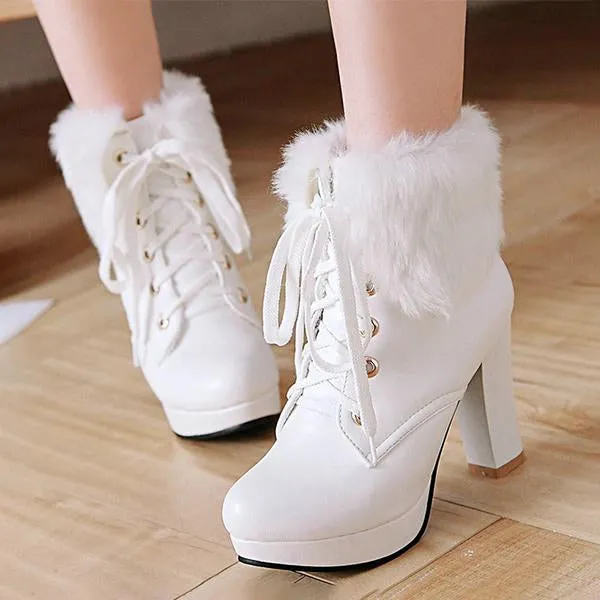 Women's Casual Furry Lace-Up Chunky Heel Short Boots 30607043S