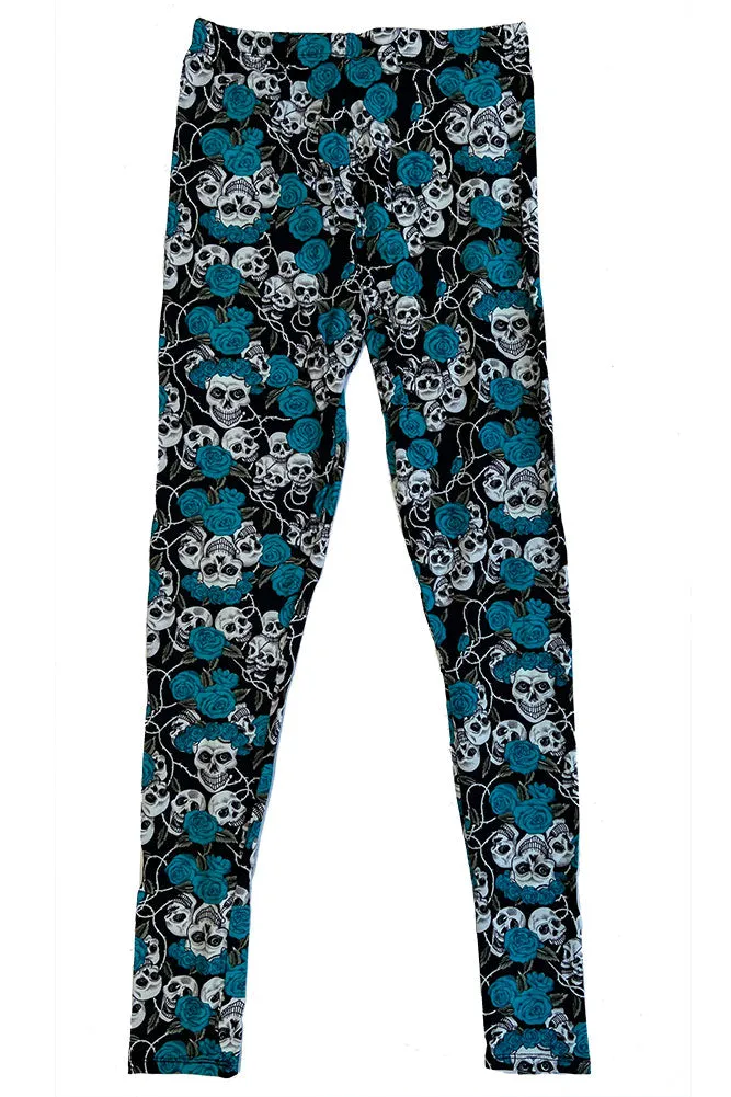 Women's Regular Blue Rose Silver Skull Pattern Printed Leggings